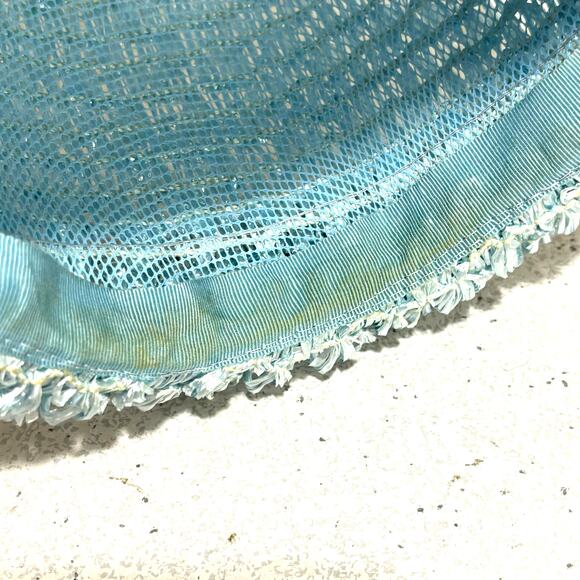 Blue straw hat with bow bowler style upturned rim union label mid century church - Picture 8 of 9